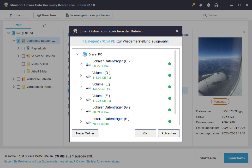 Ausgewählte Fotos in MiniTool Power Data Recovery speichern.
