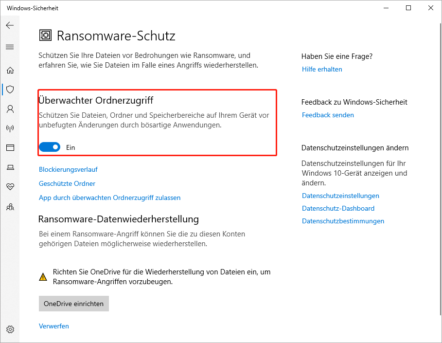 Das Fenster Windows-Sicherheit mit aktivierter Option „Überwachter Ordnerzugriff“.