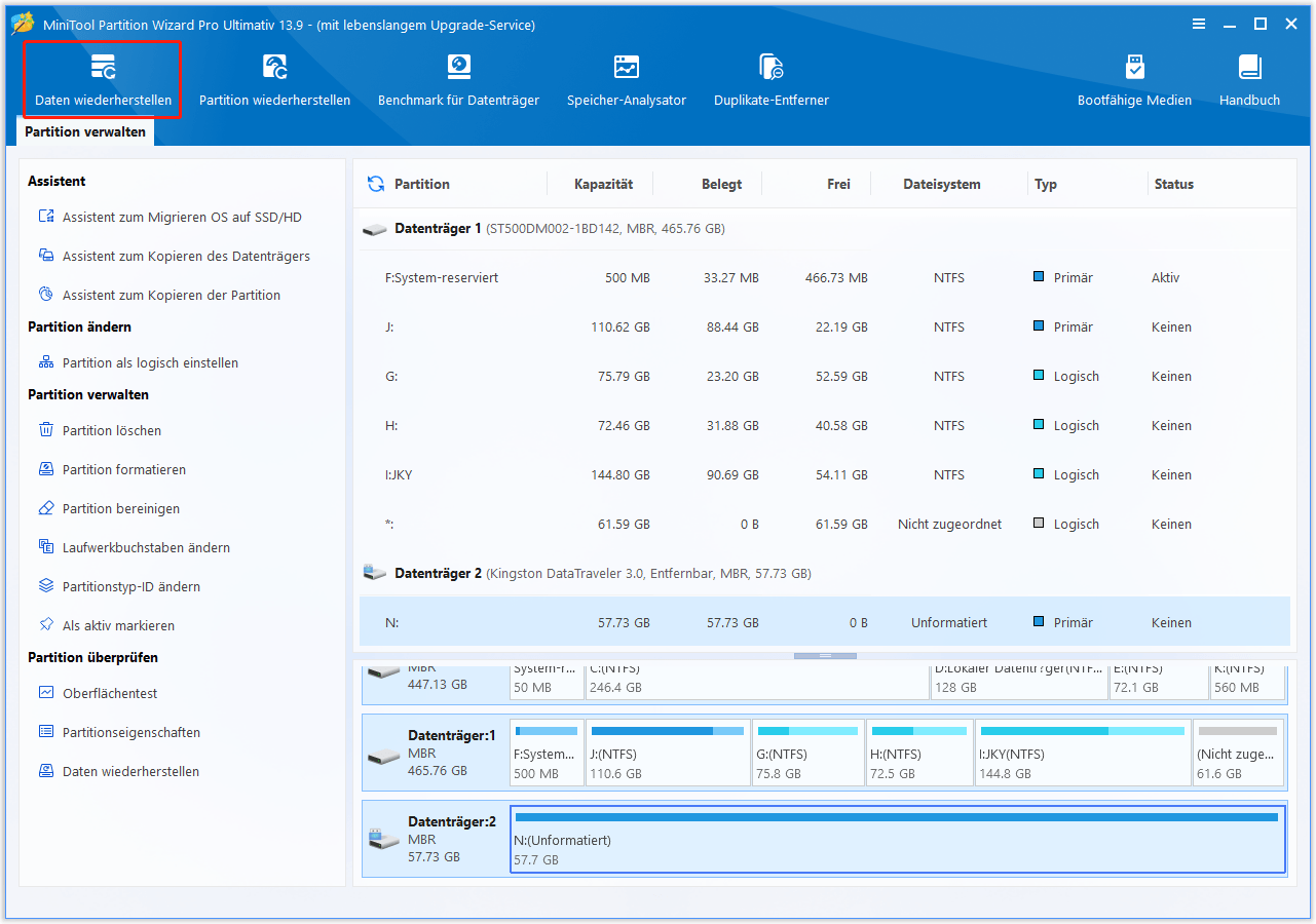 Klicken Sie in MiniTool Partition Wizard auf „Datenwiederherstellung“.