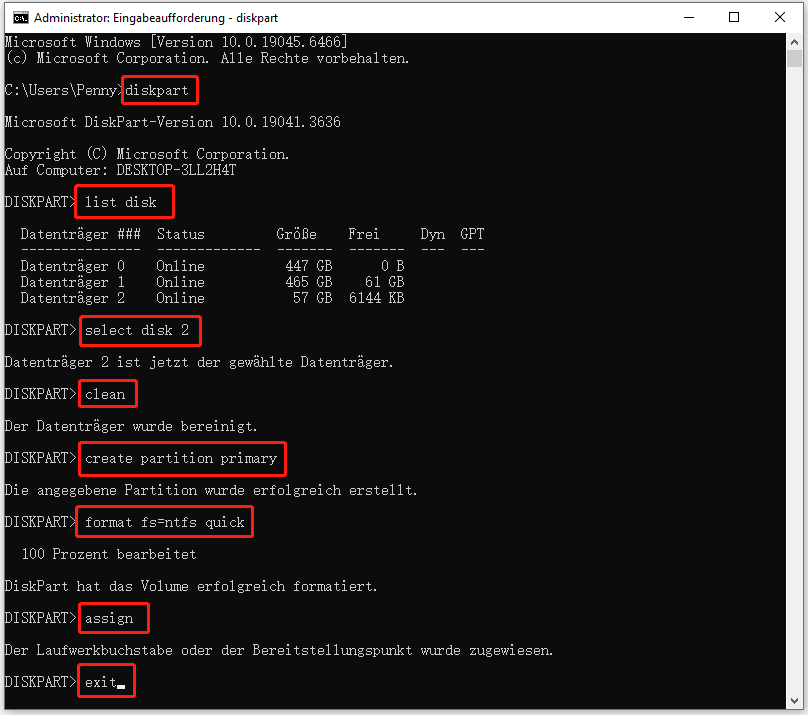 Mit Diskpart löschen Sie das Laufwerk und formatieren Sie es als NTFS.