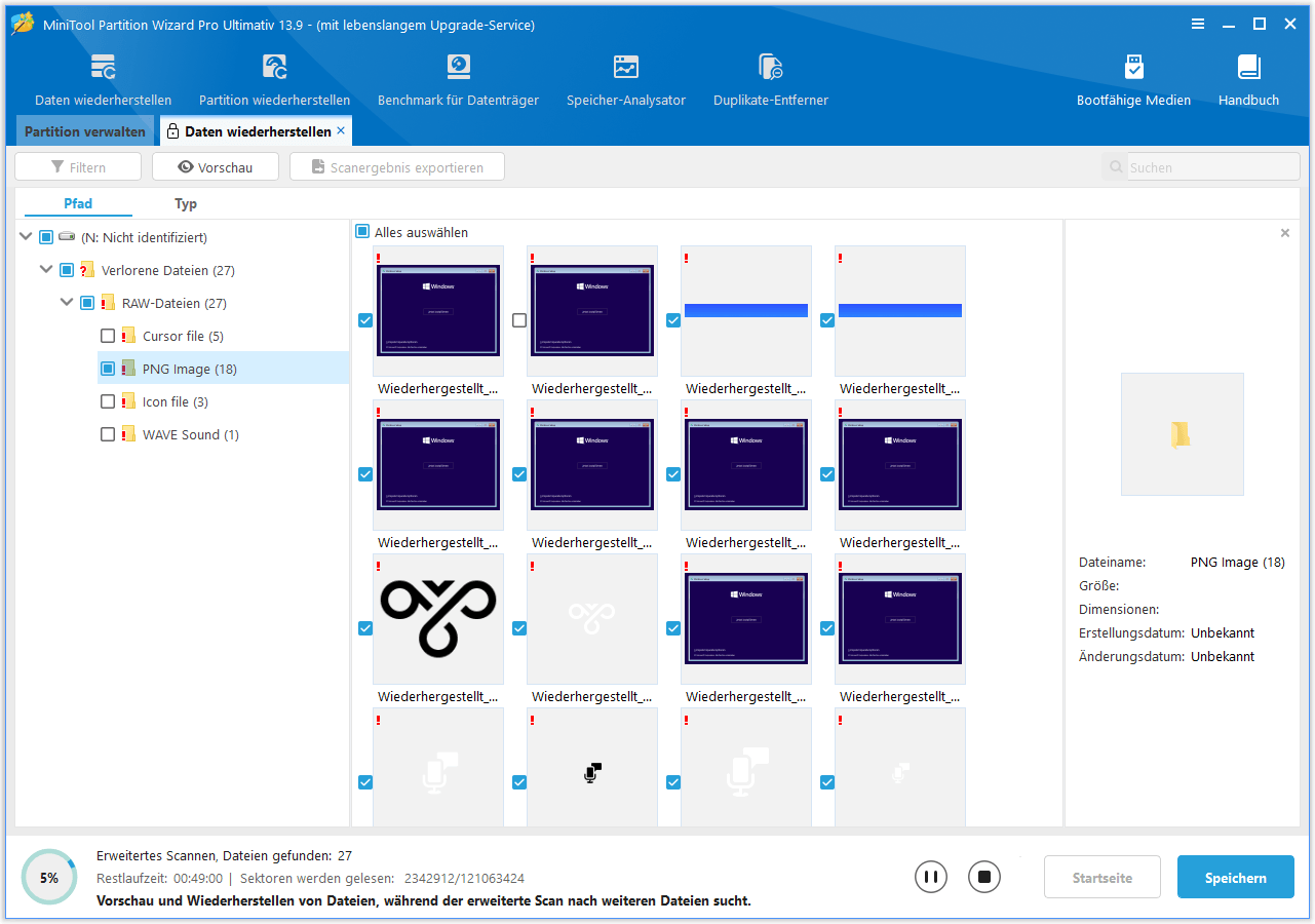 Wählen Sie die benötigten Daten aus und klicken Sie in MiniTool Partition Wizard auf „Speichern“.