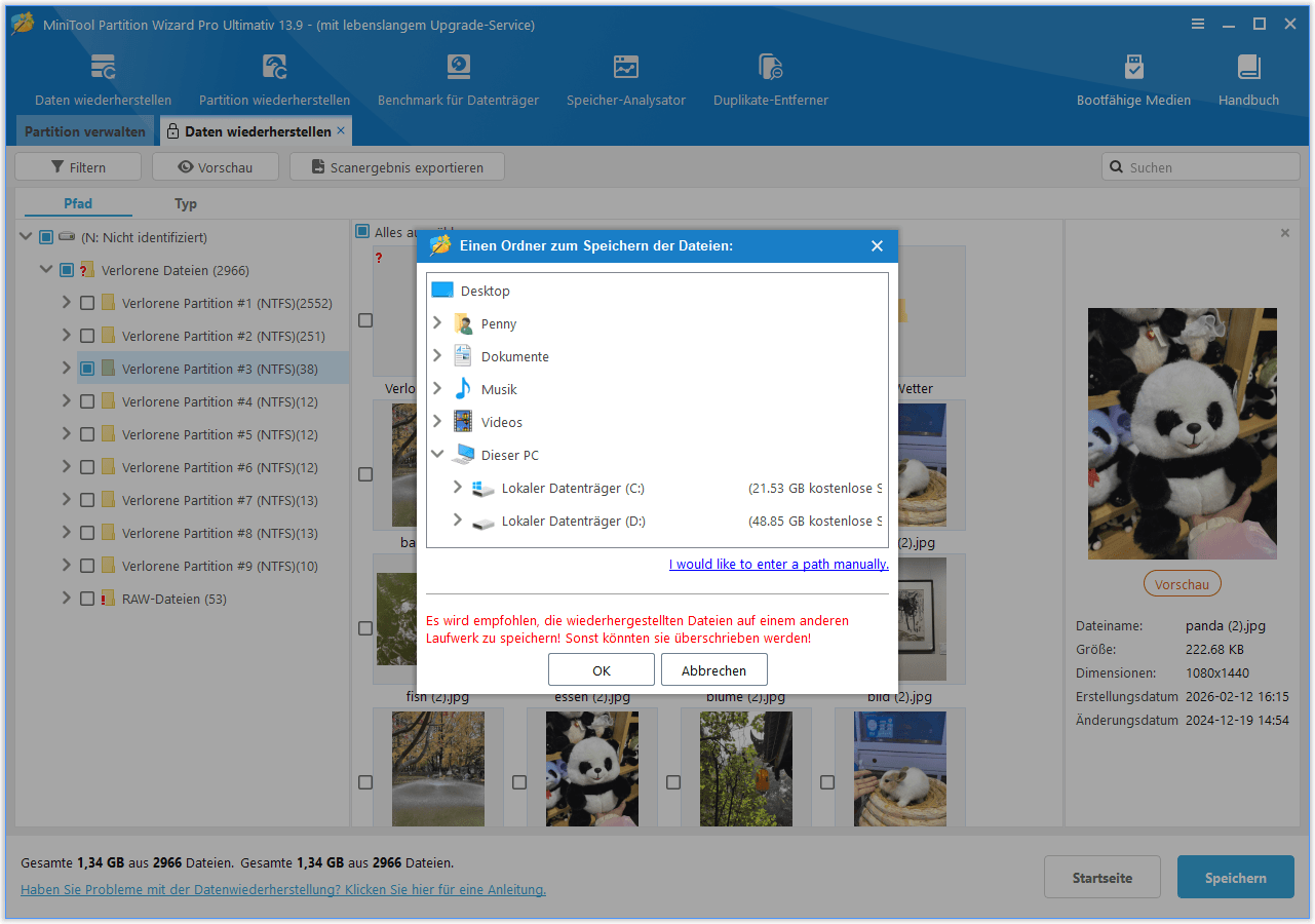 Wählen Sie in MiniTool Partition Wizard ein Verzeichnis zum Speichern der Dateien aus.