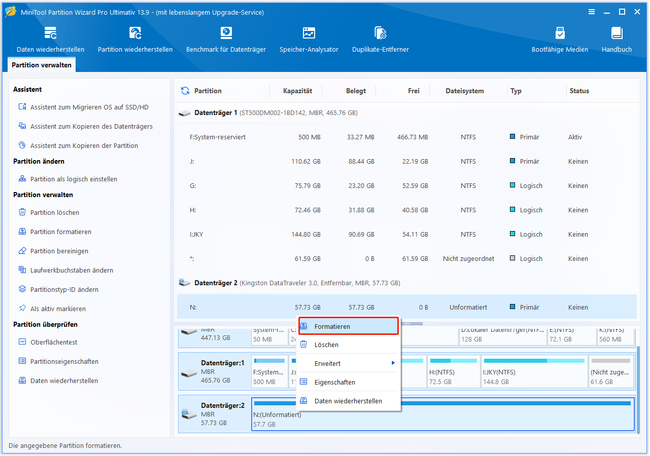 Wählen Sie die RAW-Partition aus und wählen Sie in MiniTool Partition Wizard die Option „Formatieren“.