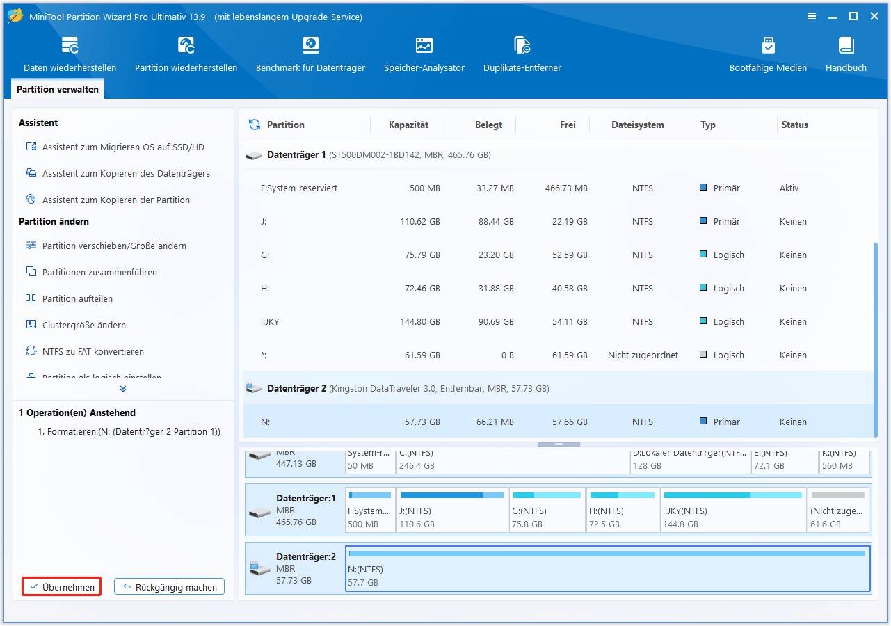 Formatieren Sie die RAW-Partition mit MiniTool Partition Wizard auf NTFS.
