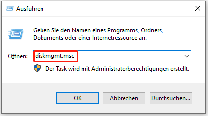 Zum Öffnen der Datenträgerverwaltung diskmgmt.msc im Fenster „Ausführen“ eingeben.