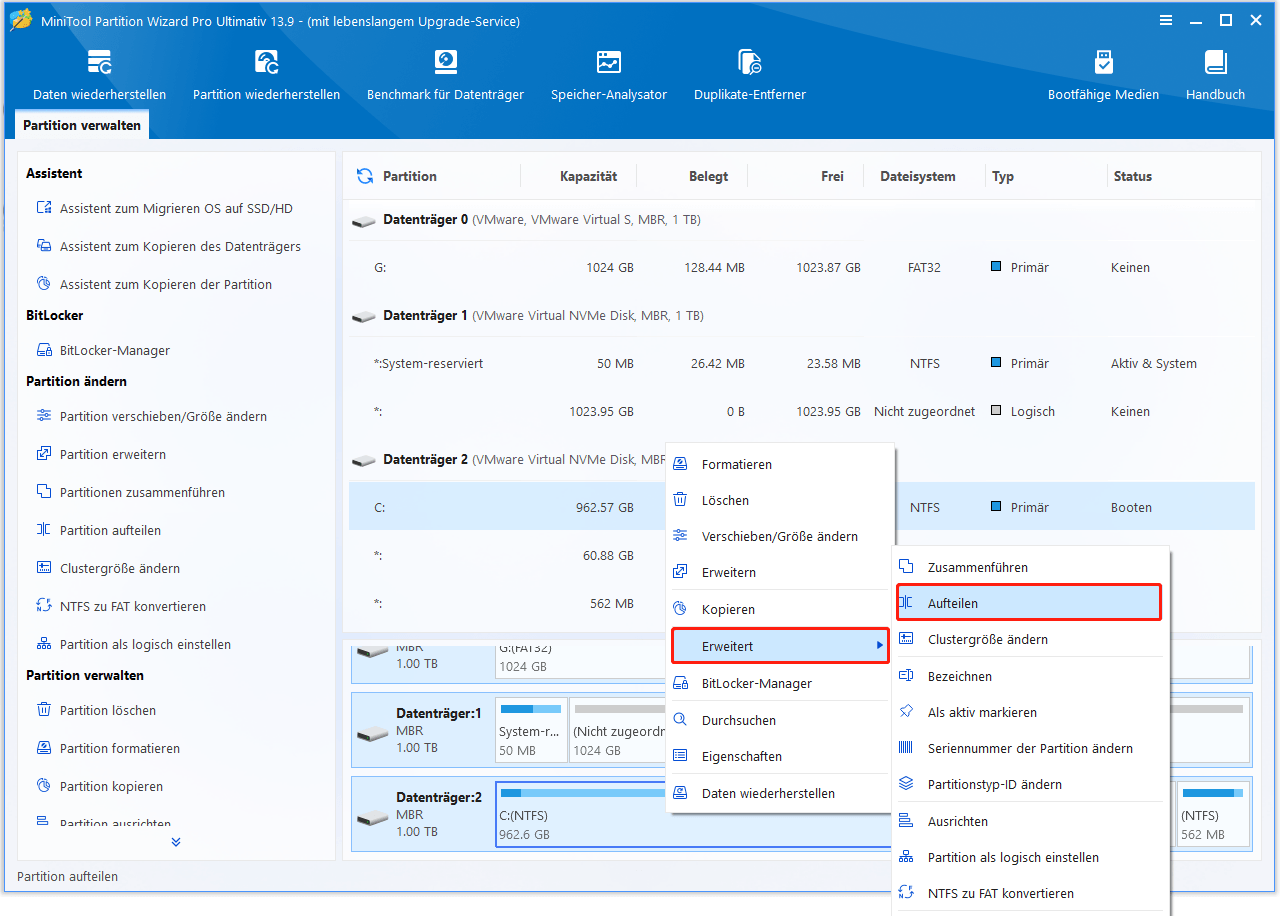 Benutzeroberfläche von MiniTool Partition Wizard mit der ausgewählten Option „Teilen“ im Menü „Erweitert“.