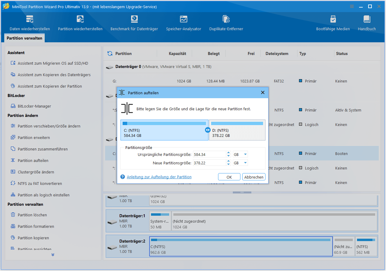 Benutzeroberfläche von MiniTool Partition Wizard mit dem Fenster „Partition aufteilen“.