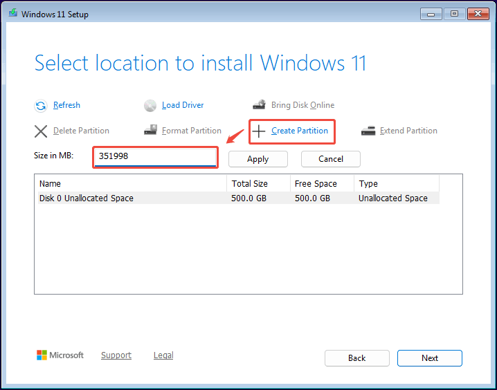 Fenster des Windows 11-Setups, das die ausgewählte Option „Partition erstellen“ auf der Seite zur Auswahl des Windows-Installationsorts zeigt.