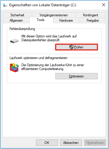 Überprüfe Sie die Festplatte