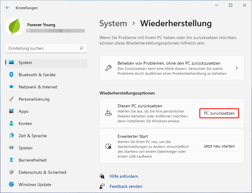 Klicken Sie auf PC zurücksetzen