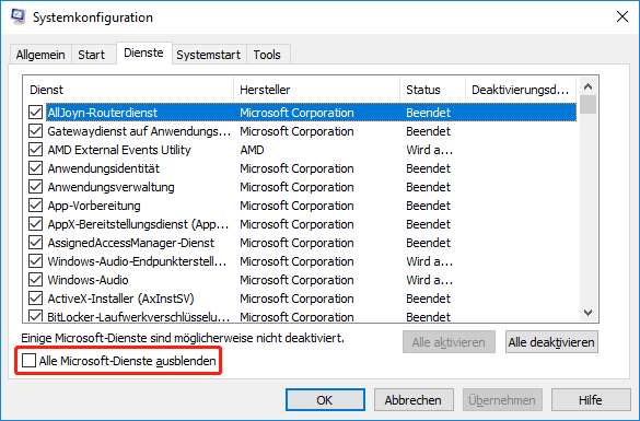 Aktivieren Sie das Kontrollkästchen, um alle Microsoft-Dienste auszublenden