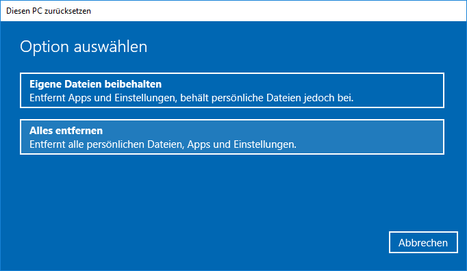 Wählen Sie Ihre Dateien behalten oder Alles entfernen