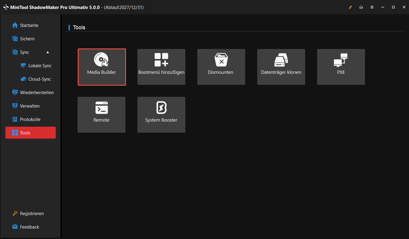 Auswahl der Funktion Media Builder in MiniTool ShaodwMaker.