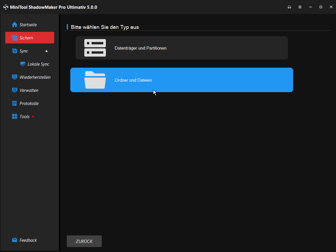 Hervorhebung der Option Ordner und Dateien in MiniTool ShadowMaker Bootfähig.