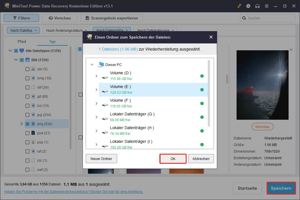 Speicherort in MiniTool Power Data Recovery auswählen