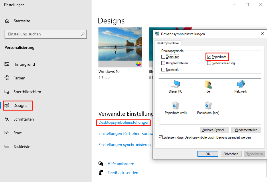 Desktopsymboleinstellungen in Windows 10