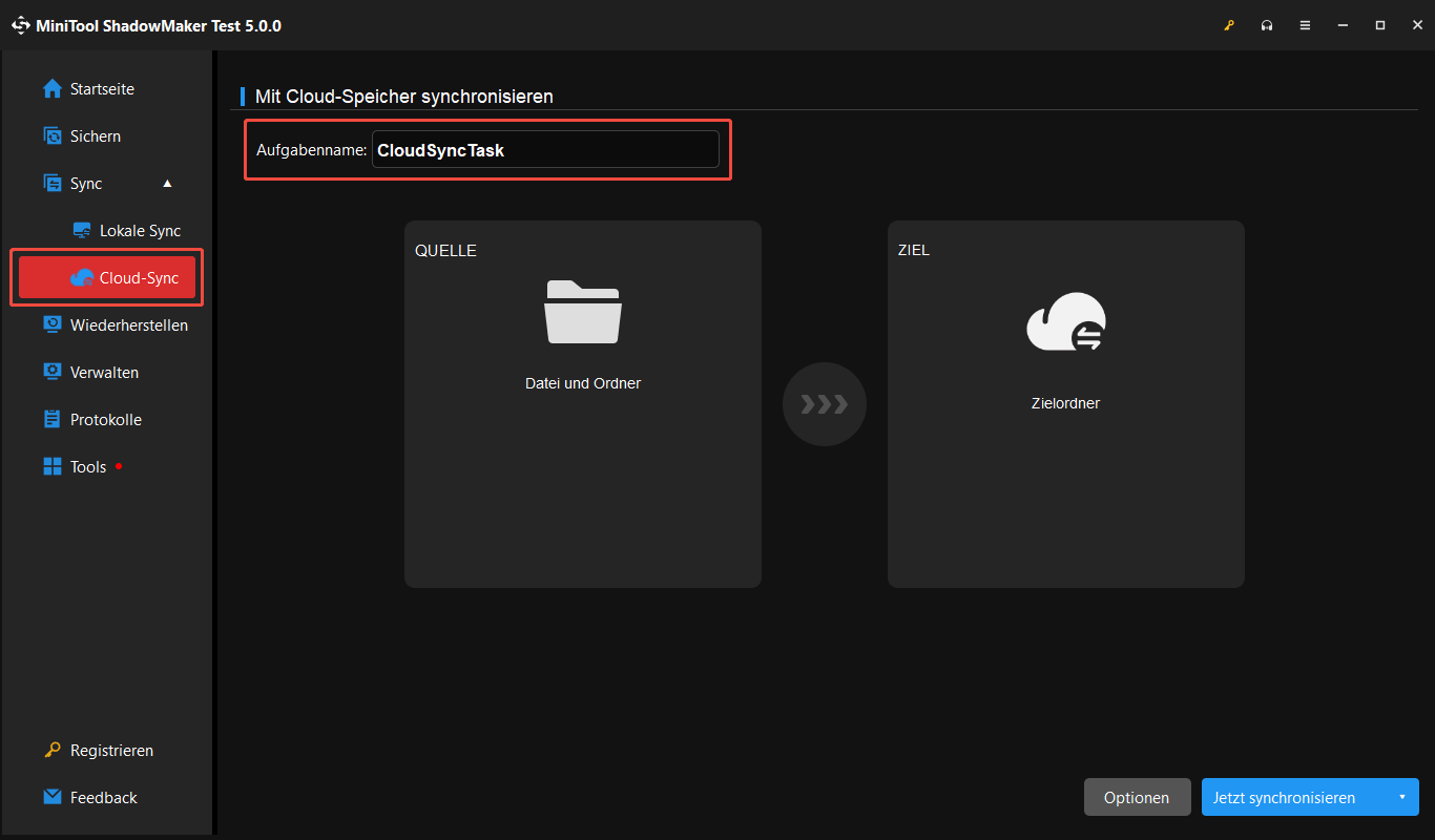 MiniTool ShadowMaker-Seite „Cloud-Synchronisierung“ mit hervorgehobenem Feld für den Namen der Aufgabe „Cloud-Synchronisierung mit Google Drive“.