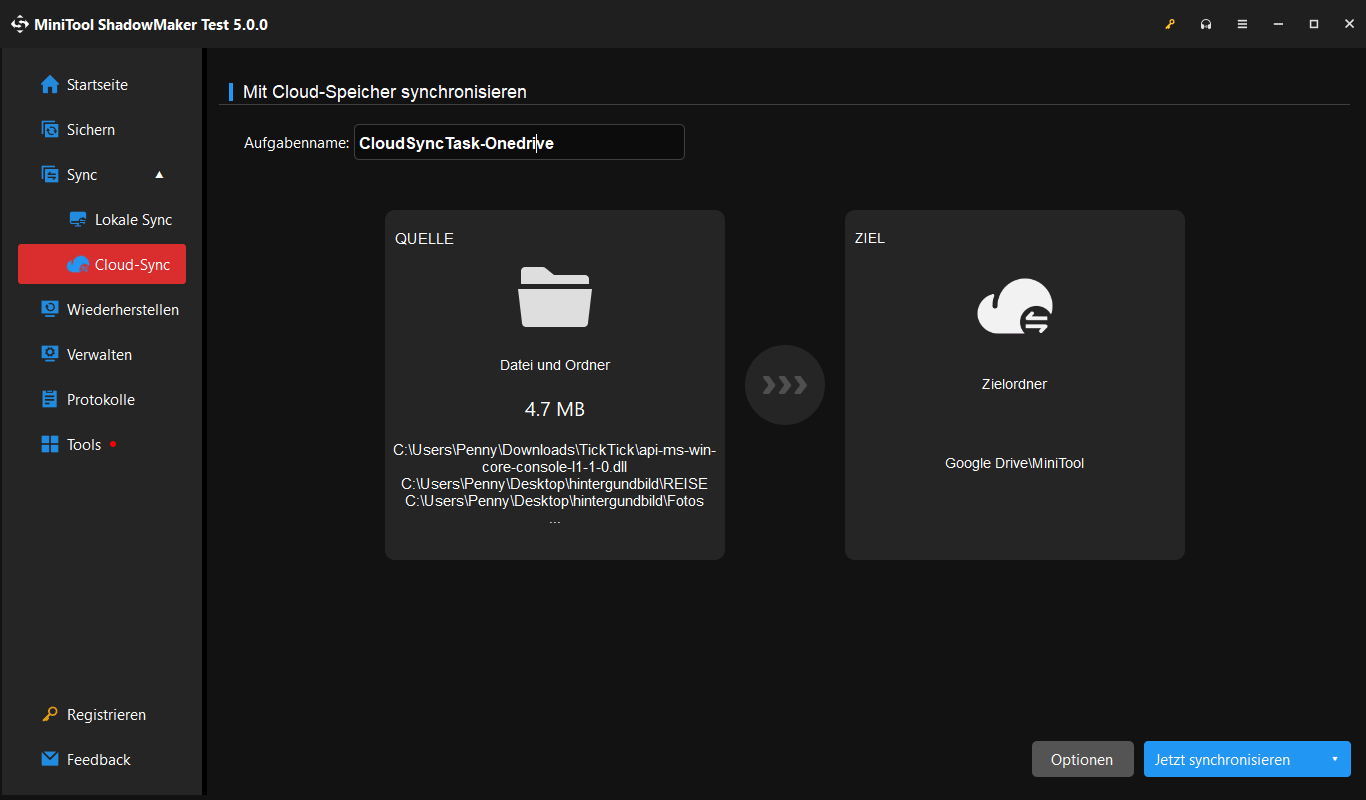 MiniTool ShadowMaker-Seite „Cloud-Synchronisierung“ mit dem hervorgehobenen Feld „Cloud-Synchronisierung mit OneDrive“.