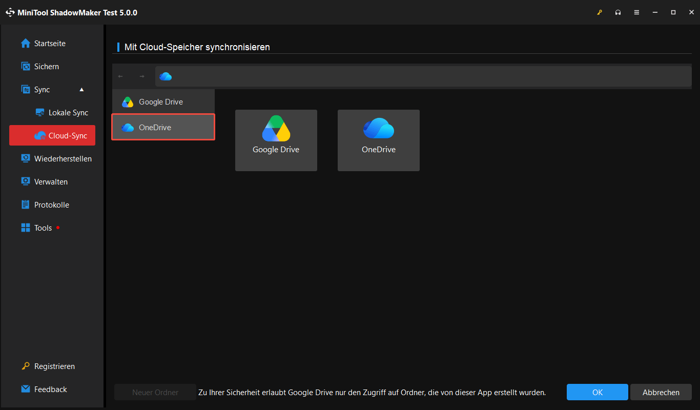 Fenster „Mit Cloud-Speicher synchronisieren“ mit hervorgehobenem OneDrive.