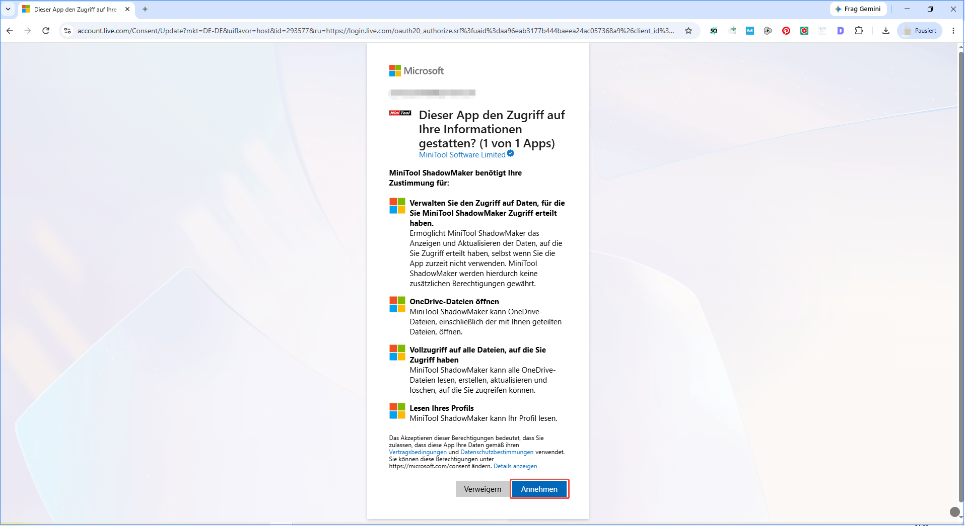 Autorisierungsseite für das OneDrive-Konto, auf der der Benutzer aufgefordert wird, MiniTool ShadowMaker den Zugriff auf OneDrive zu gewähren.