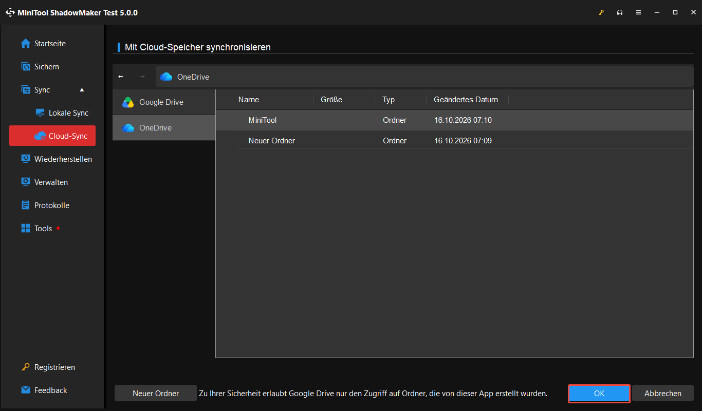 OneDrive-Zielort mit verfügbaren Ordnern, wobei ein Zielordner ausgewählt und die Schaltfläche OK hervorgehoben ist.