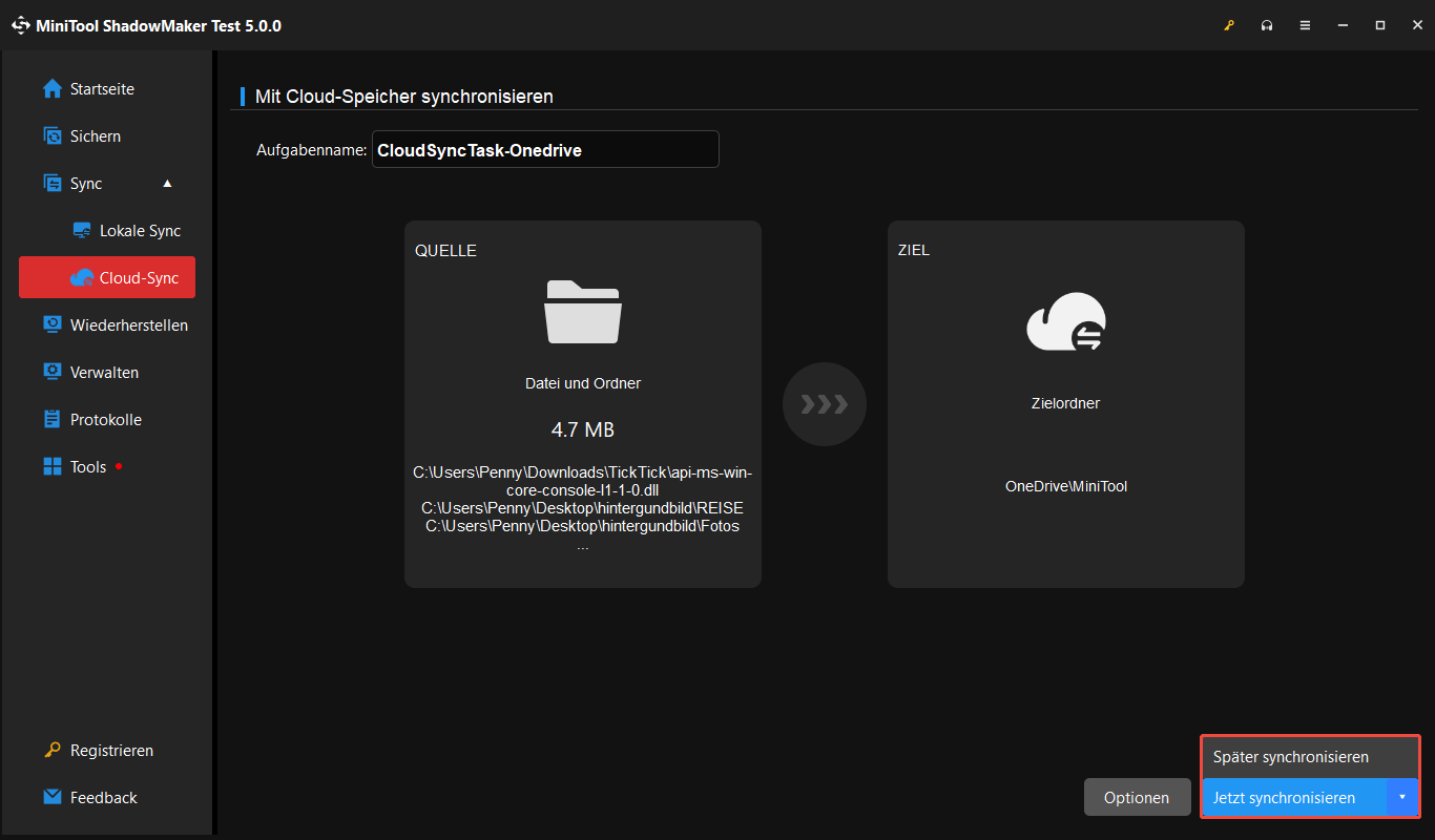 MiniTool ShadowMaker OneDrive-Cloud-Synchronisierungsseite mit den angezeigten Optionen Jetzt synchronisieren und Später synchronisieren.