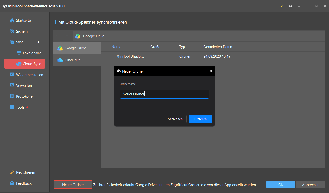 Dialogfeld „Neuer Ordner“ von MiniTool ShadowMaker zur Eingabe eines Namens für einen Google Drive-Ordner.