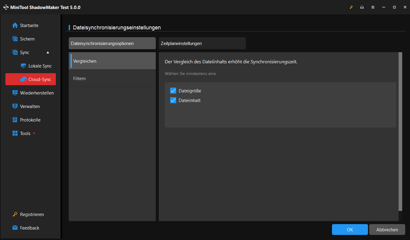 Oberfläche der Cloud-Synchronisierungseinstellungen von MiniTool ShadowMaker, wobei der Bereich „Vergleich“ hervorgehoben ist und die entsprechenden Optionen angezeigt werden.