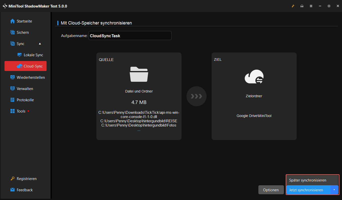 MiniTool ShadowMaker-Seite „Google Drive-Cloud-Synchronisierung“ mit den angezeigten Optionen „Jetzt synchronisieren“ und „Später synchronisieren“.