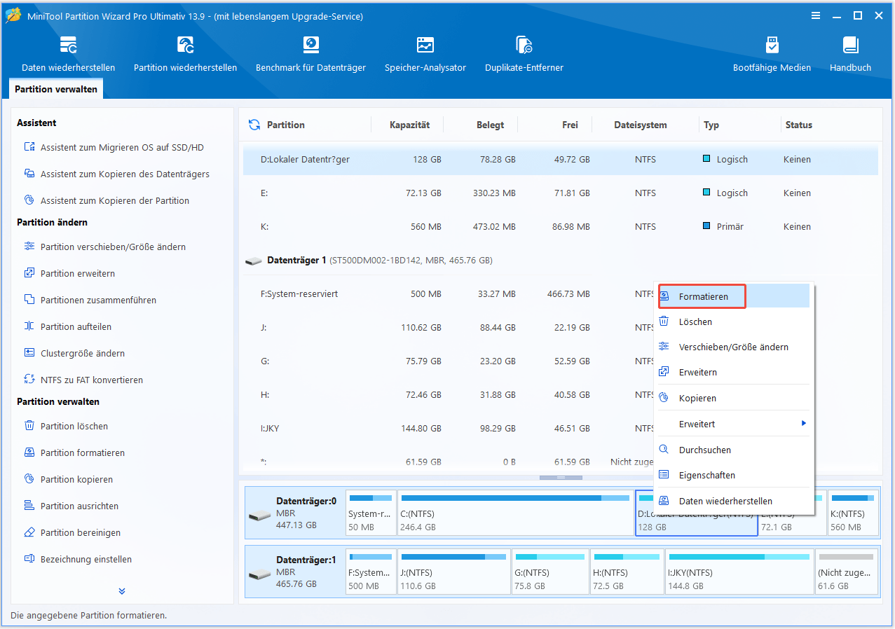 Benutzeroberfläche von MiniTool Partition Wizard mit der ausgewählten Option „Formatieren“ im Kontextmenü.