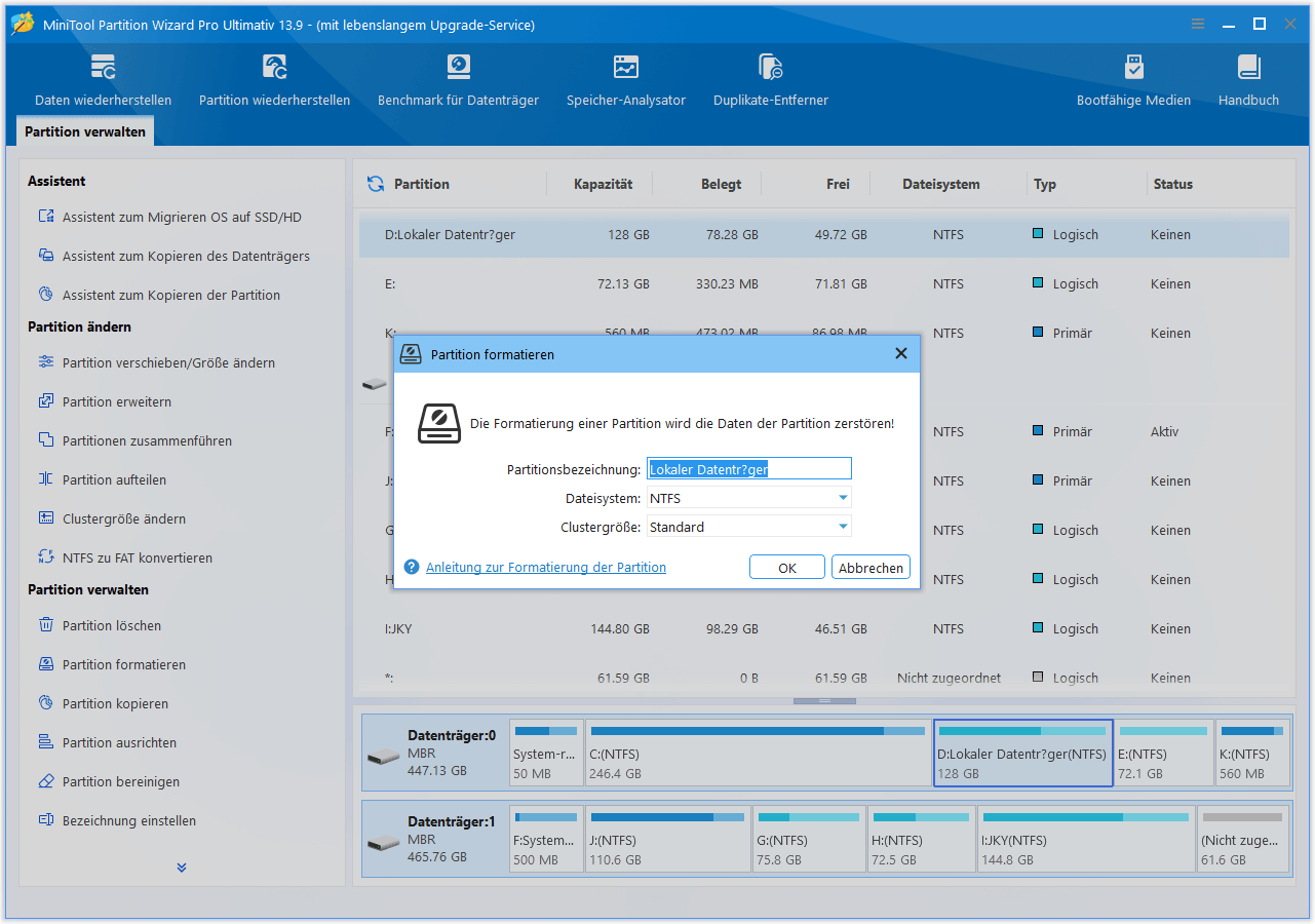 Benutzeroberfläche von MiniTool Partition Wizard mit dem Fenster „Partition formatieren“.