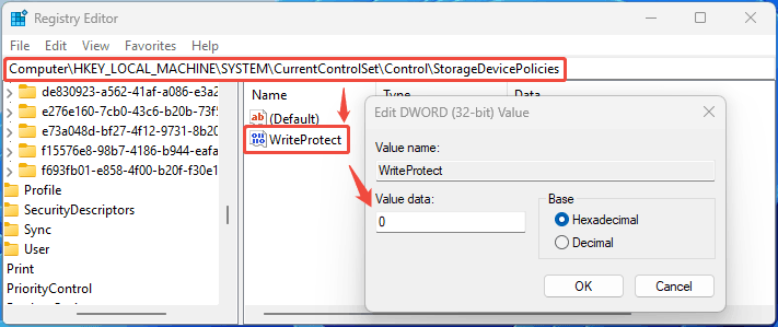 Benutzeroberfläche des Registrierungseditors mit dem ausgewählten Eintrag „WriteProtect“.
