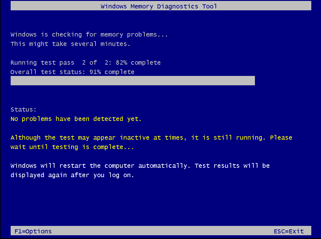 die Schnittstelle von Windows Memory Diagnostics Tool