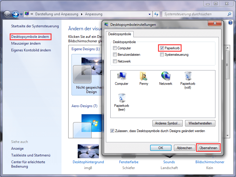 Desktopsymboleinstellungen in Windows 7