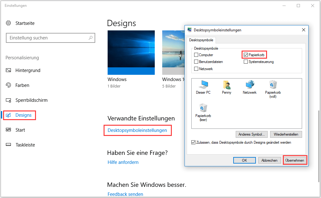 Desktopsymboleinstellungen in Windows 10