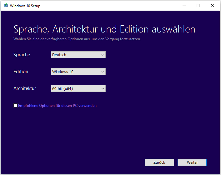 Optionen für Sprache, Windows Edition und Architektur wählen