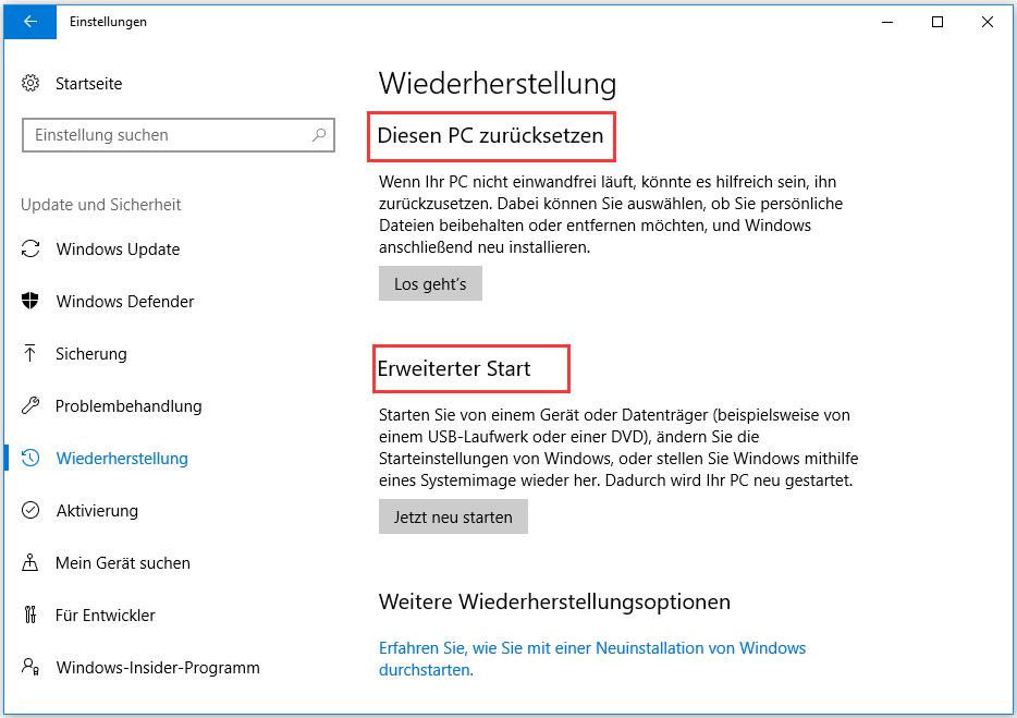 Einstellung von Windows 10