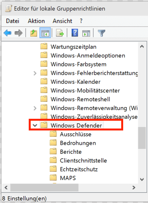 Windows Defender in dem Editor für lokale Gruppenrichtlinien