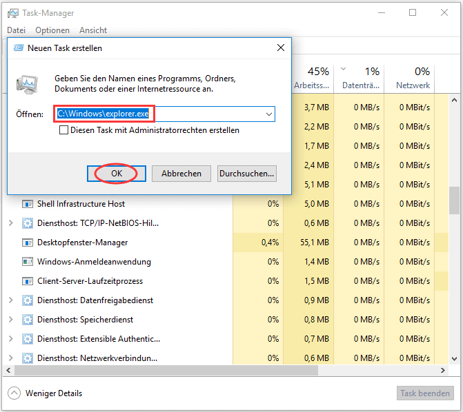 Windows-Explorer neu erstellen