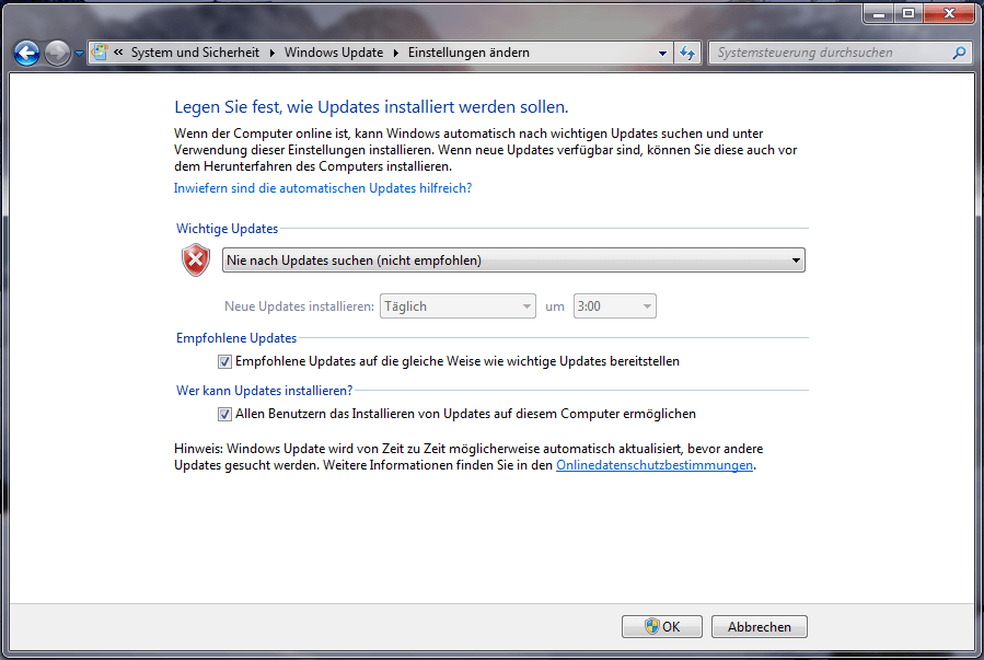 Das Automatische Windows-Update deaktivieren