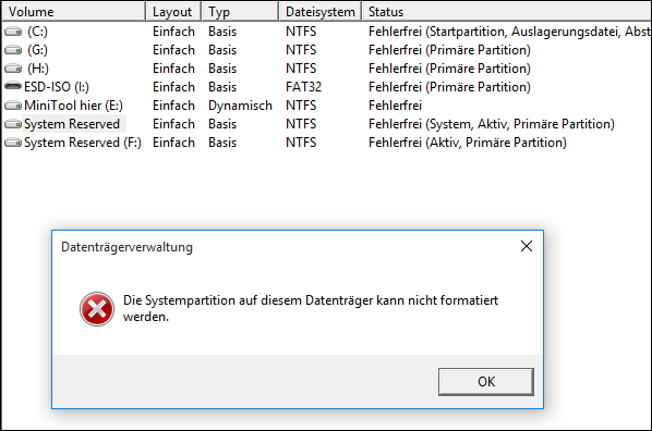 Windows Datenträgerverwaltung erlaubt Ihnen nicht, Systempartition zu formatieren