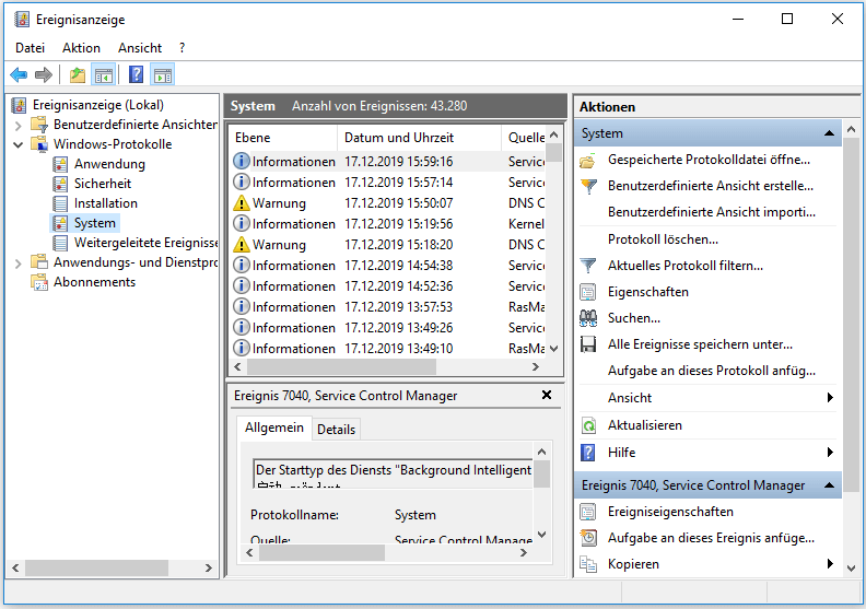 System unter Windows-Protokolle