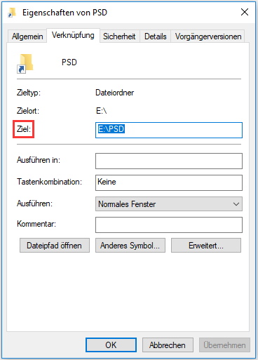 Speicherort von der Verknüpfung der Datei überprüfen