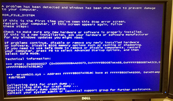 0x00000027 RDR_FILE_SYSTEM BSOD