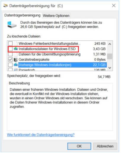 Installationsdateien für Windows ESD in Datenträgerbereinigung