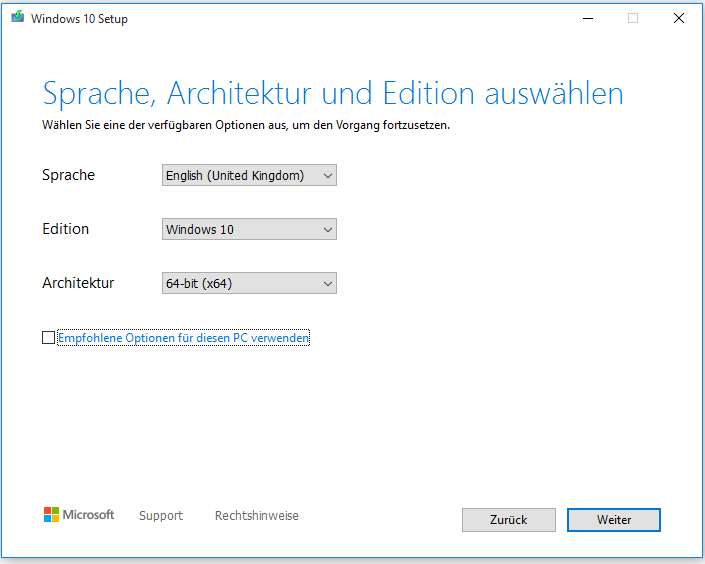 Wählen Sie die Sprache, Edition und Architektur für die Windows 10-Installation aus.