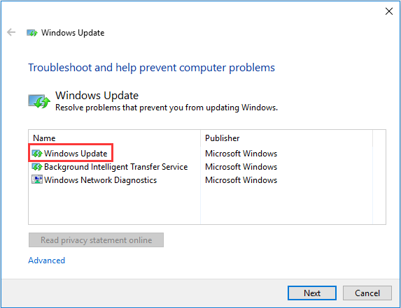 Wählen Sie Windows Update und klicken Sie auf Weiter