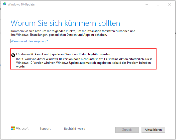 Für diesen PC kann kein Upgrade auf Windows 10 durchgeführt werden.