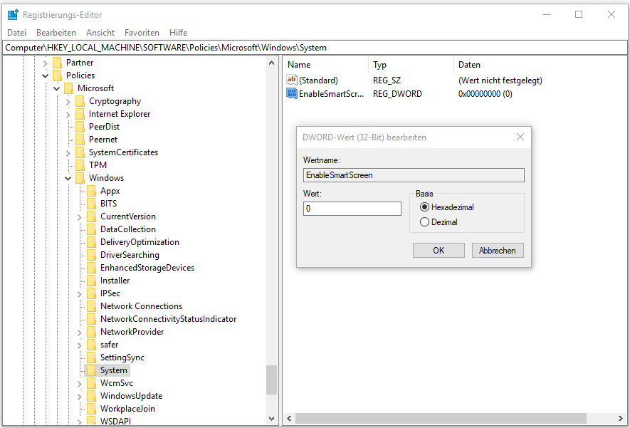 Verwenden Sie den Registrierungs-Editor, um Windows SmartScreen zu deaktivieren