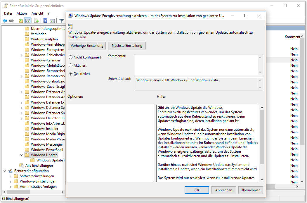 Windows Update-Energieverwaltung aktivieren, um das System zur Installation von geplanten Updates automatisch zu reaktivieren